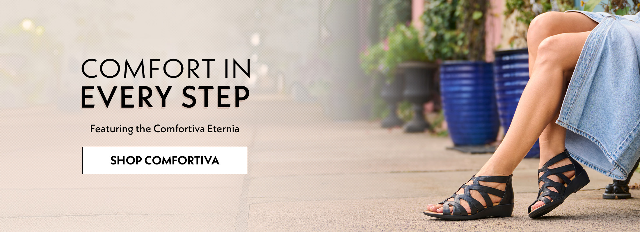 Comfort In Every Step. Featuring the Comfortiva Eternia. Shop Comfortiva. A woman wearing the Eternia in black.