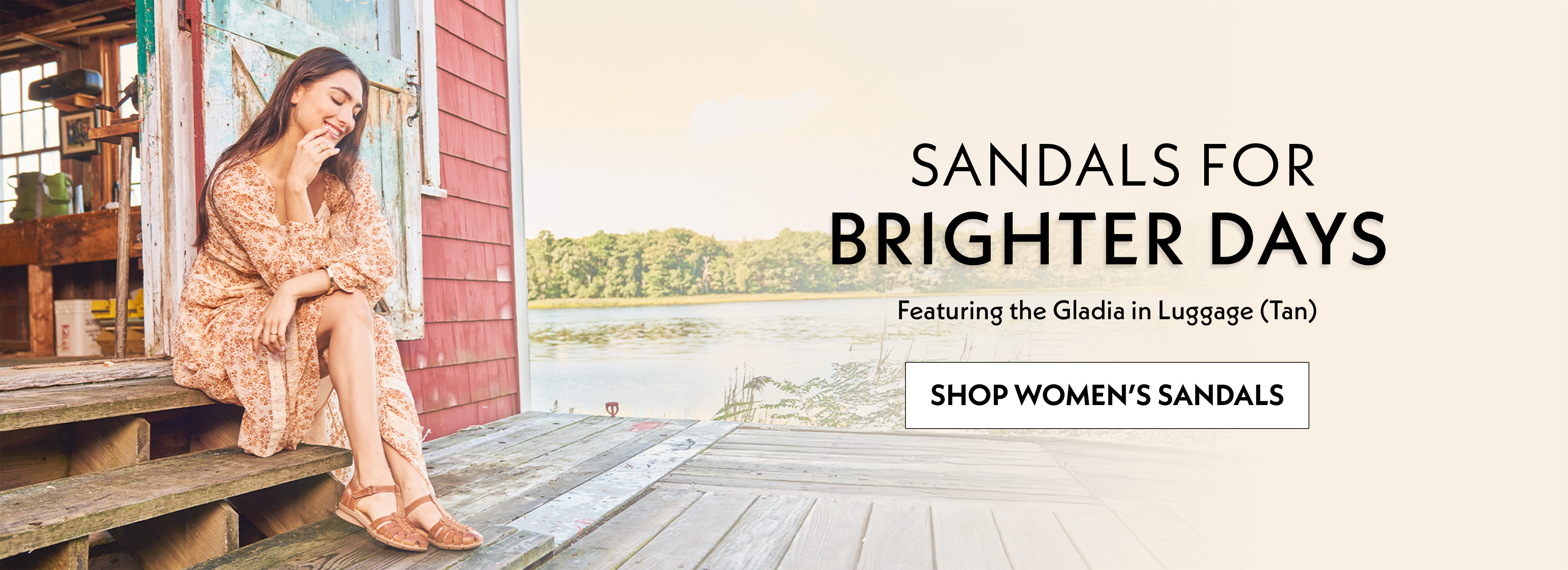 Sandals for brighter days. Featuring the Gladia sandal in Luggage (Tan). A woman wearing the Gladia sandals in tan. Shop women's sandals.