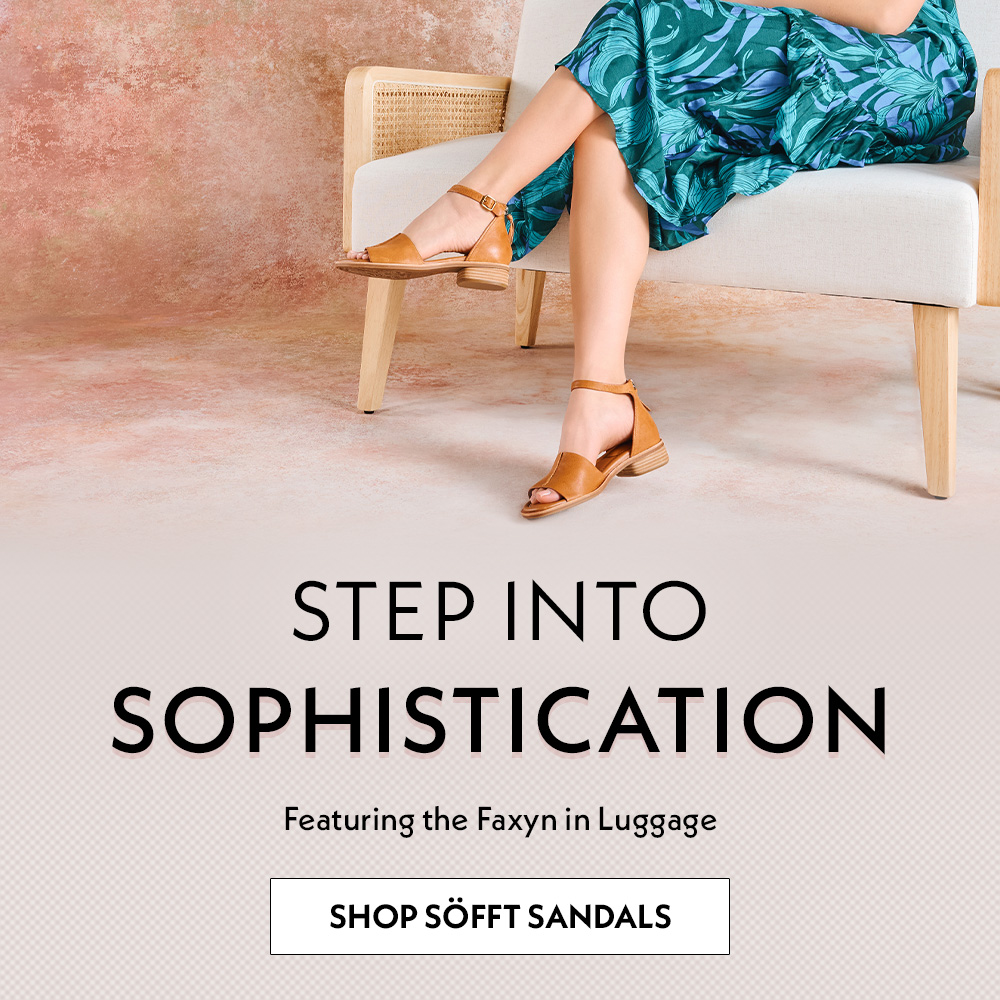 Step into Sophistication. Featuring the Faxyn sandal in brown. Shop Söfft sandals. A woman sitting in a chair wearing the Faxyn sandal in tan.